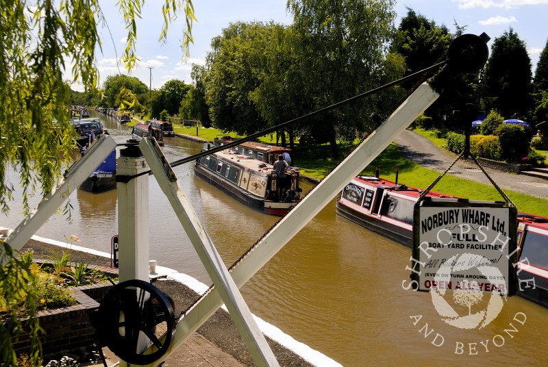 Canal boats at Norbury Junction on the Shropshire Union Canal, Staffordshire, England.