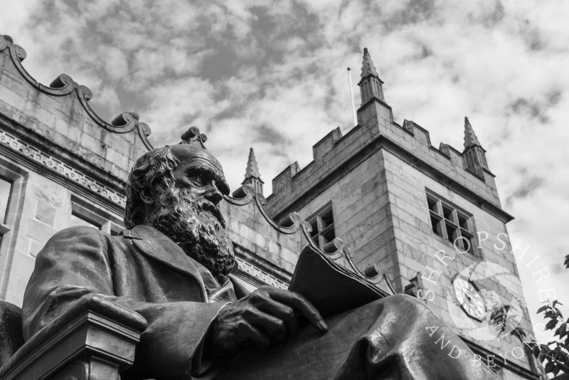 Statue of Charles Darwin outside Shrewsbury library, Shropshire, England.