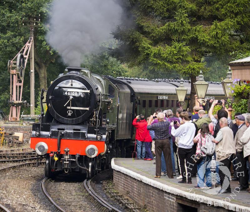 Royal Scot steam locomotive No. 46100 pulls in to Highley Station, Shropshire, during the Severn Valley Railway Autumn Steam Gala.