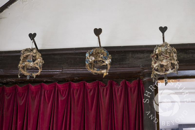 Maiden's garlands on display at Holy Trinity Church in Minsterley, Shropshire.