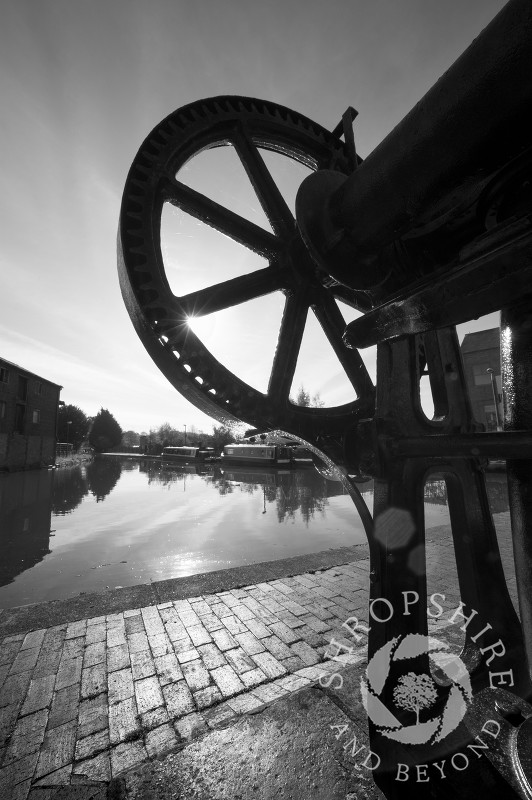 Black and white study of industrial remains at Ellesmere Wharf on the Llangollen Canal, Shropshire, England.