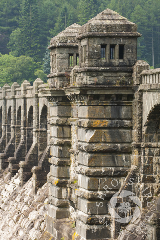 The stone-built dam at Lake Vyrnwy, Montgomeryshire, Powys, Wales.