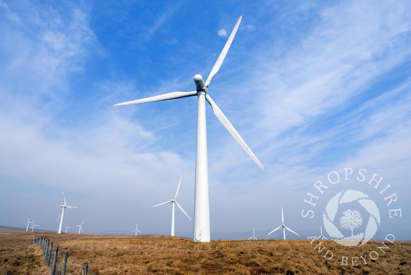 Wind turbines at Carno Wind Farm in Powys, Mid Wales.