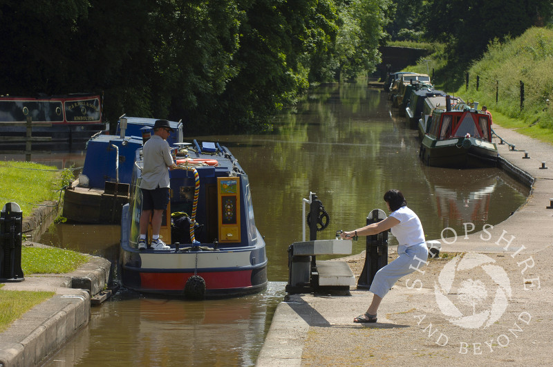 Canal boats on the Shropshire Union Canal at Tyrley Locks, near Market Drayton, Shropshire, England.