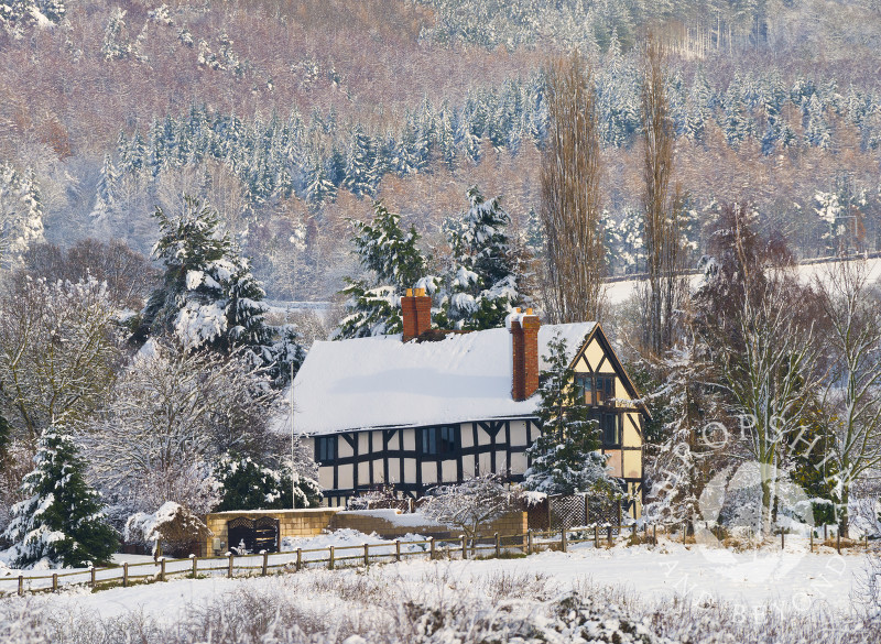 A cottage nestled beneath the Wrekin, seen from Cressage, Shropshire.