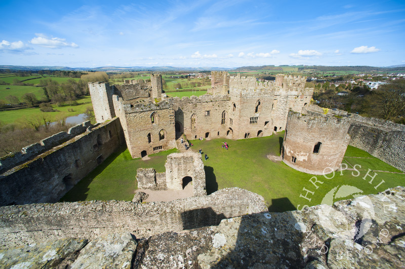 A view of the Great Hall and round chapel at Ludlow Castle, Shropshire.