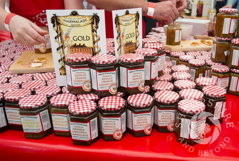 Jars of marmalade for sale on Mike's Homemade stall at the 2014 Ludlow Food Festival, Shropshire, England.