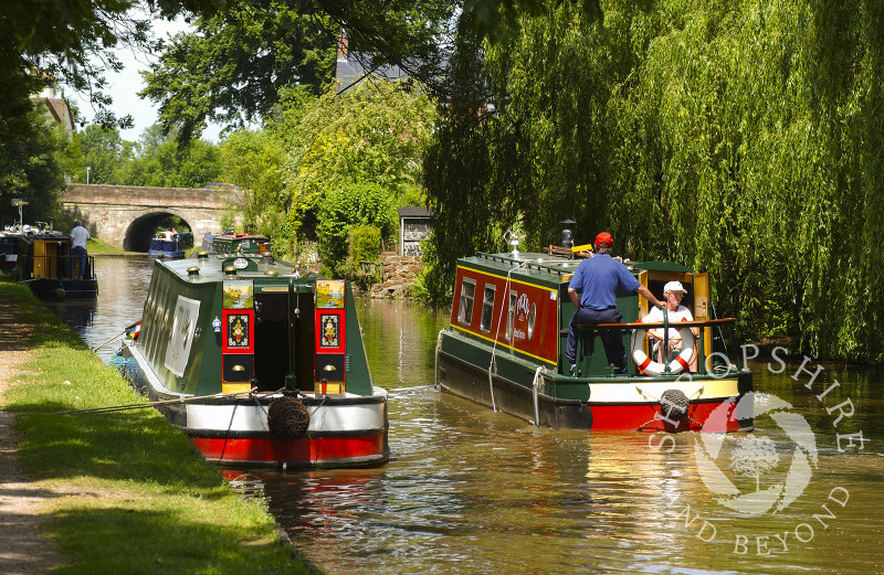 Narrowboats on the Shropshire Union Canal at Gnosall, Staffordshire, England.
