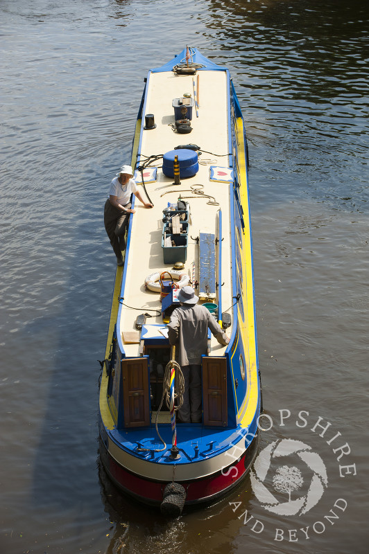 A canal boat on the Llangollen canal at Chirk, Wrexham, Wales.