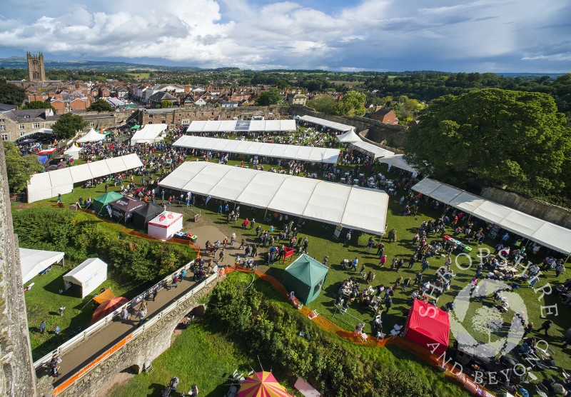 Ludlow Food Festival seen from the great tower of Ludlow Castle, Shropshire.