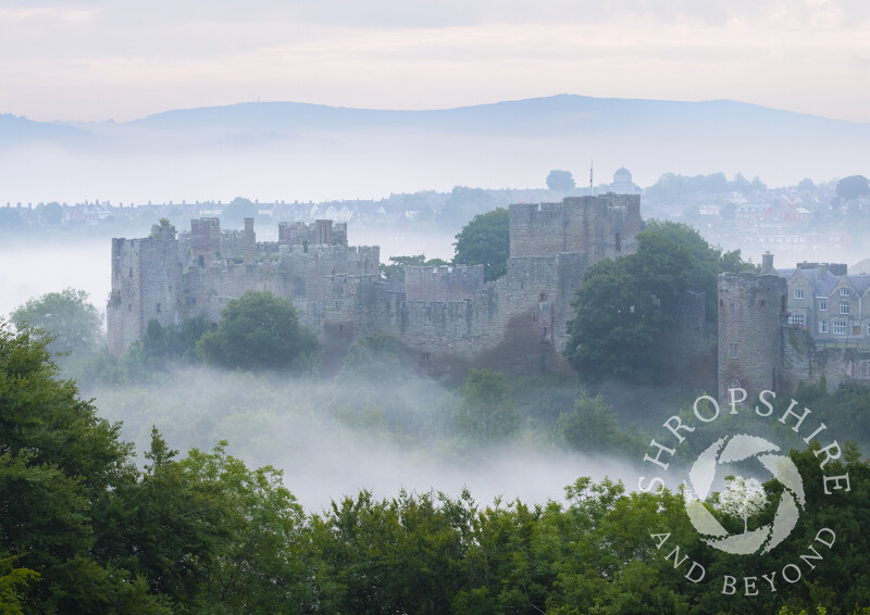 Mist swirls arounds Ludlow Castle at dawn, Shropshire.