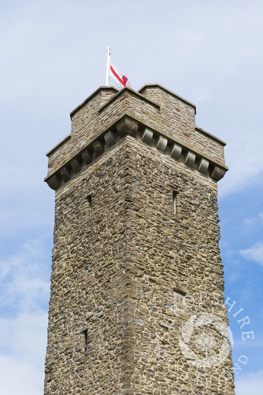 St George's flag flies from Flounders' Folly on Callow Hill near Craven Arms, Shropshire, England.