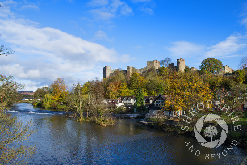 Ludlow Castle and the River Teme in autumn, Ludlow, Shropshire, England.