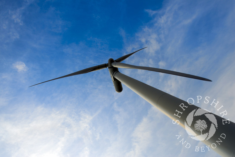 A wind turbine at Carno Wind Farm in Powys, Mid Wales.