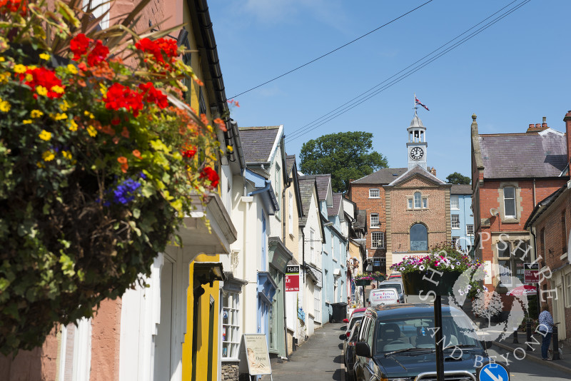 The view looking down High Street in Bishop's Castle, Shropshire, England.