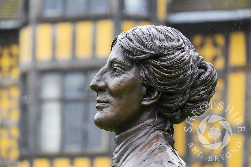 Bronze bust of the novelist Mary Webb outside Shrewsbury Library,  Shropshire. It commemorates the centenary of the publication of her first book, The Golden Arrow.
