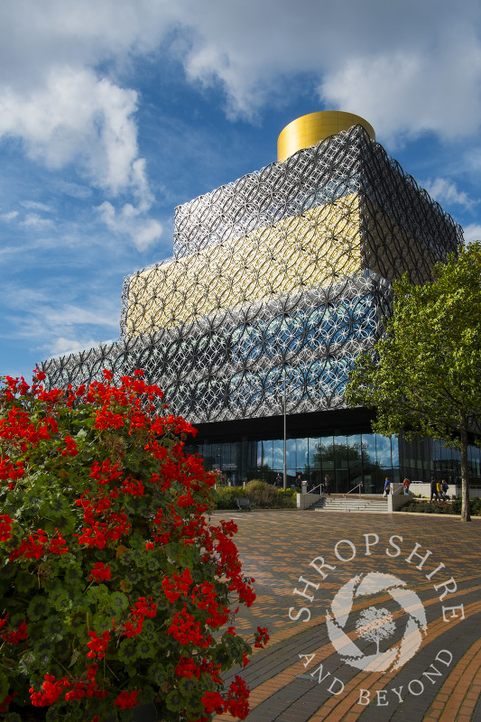 Flowers outside the Library of Birmingham, Centenary Square, England, UK.