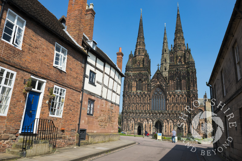 The West Front of Lichfield Cathedral seen from the Close, Lichfield, Staffordshire, England.