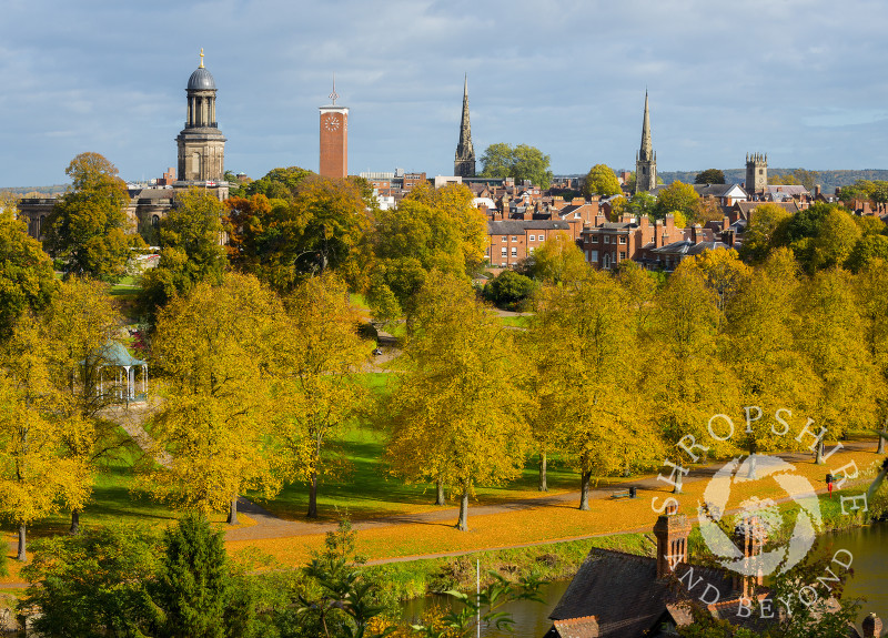 Shrewsbury in autumn, looking over the River Severn to the Quarry, Shropshire.
