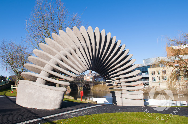 The Quantum Leap sculpture in Mardol Quay Gardens marks the bicentenary of Charles Darwin, Shrewsbury, Shropshire, England.