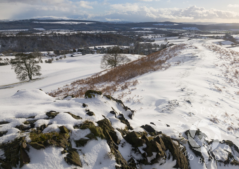 Hope Bowdler under snow at Church Stretton, looking towards Titterstone Clee, Shropshire.