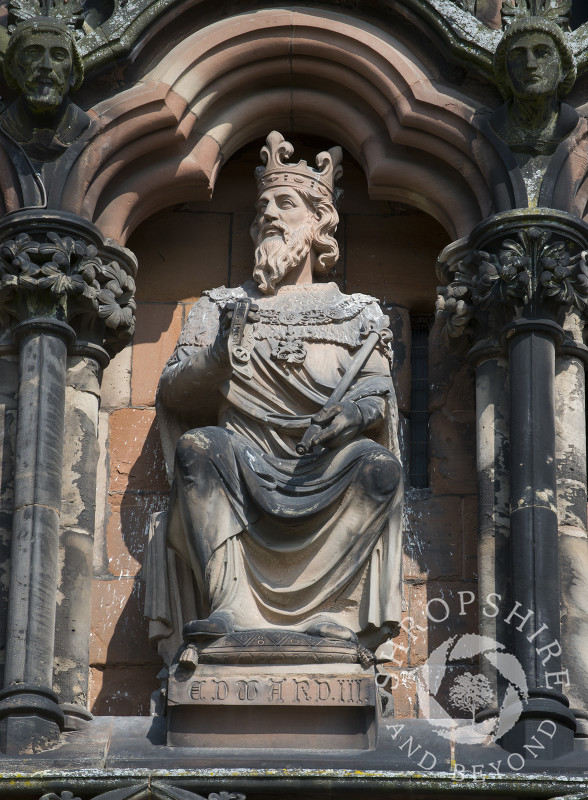 Statue of Edward III on the West Front of Lichfield Cathedral, Lichfield, Staffordshire, England.