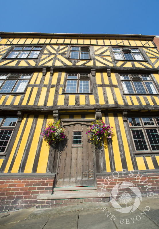 The facade of a half-timbered house in Broad Street, Ludlow, Shropshire, England.