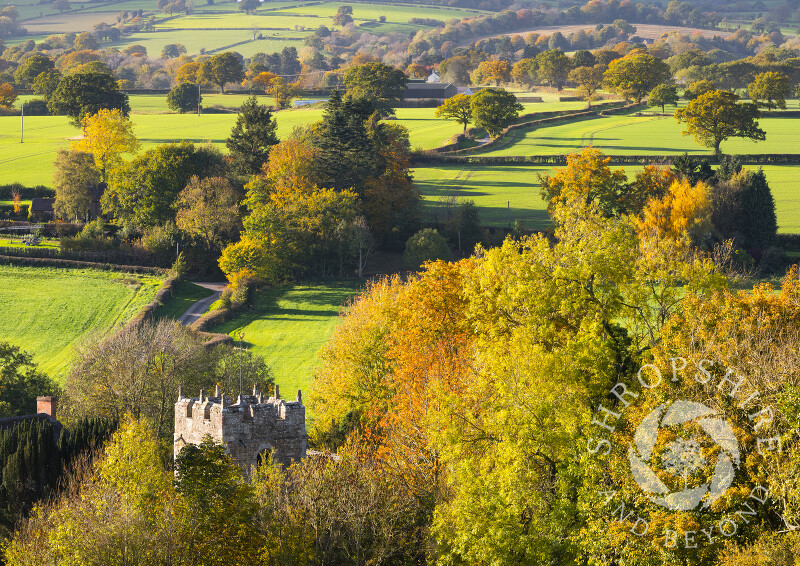 St Edith's Church at Eaton-under-Heywood, seen from Wenlock Edge, Shropshire.