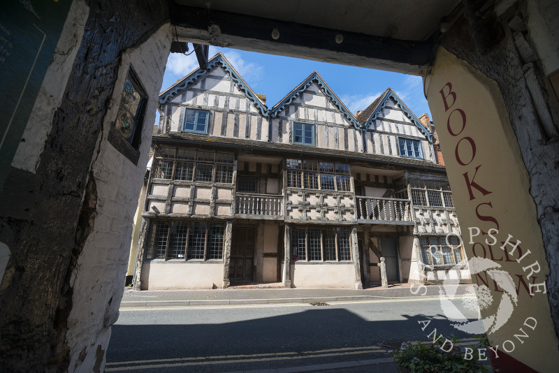 The beamed exterior of Raynalds Mansion in Much Wenlock, Shropshire, England.