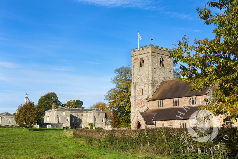 Autumn sunshine on St Gregory's Church with Morville Hall in the background, Morville, near Bridgnorth, Shropshire.