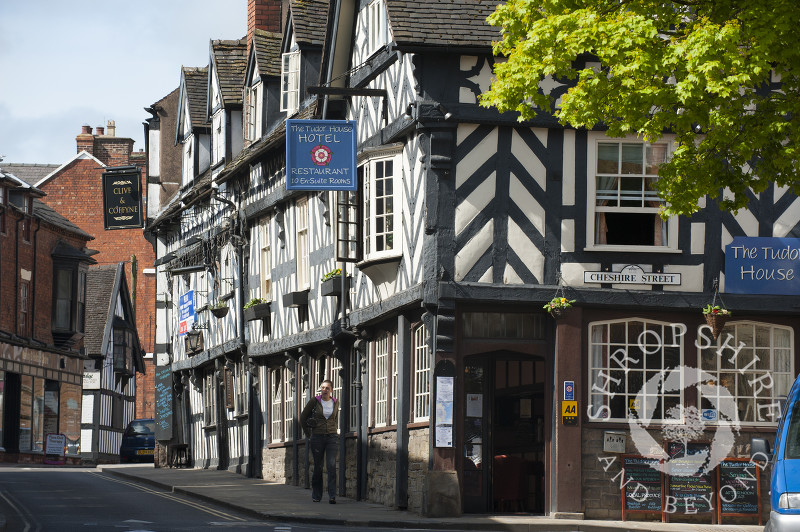 The half timbered Tudor House Hotel in Market Drayton, Shropshire, England.
