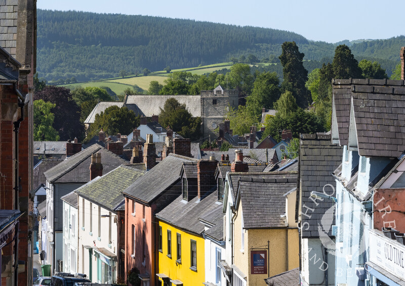 The view down High Street towards St John's Church, Bishop's Castle, Shropshire.