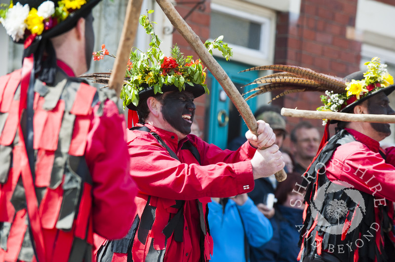 Ironmen And Severn Gilders morris dancers at the Green Man Festival, Clun, Shropshire.