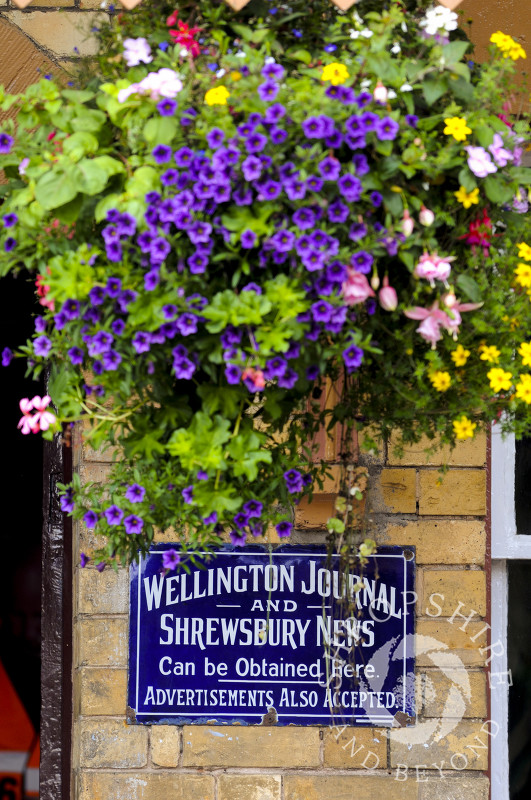 Flowers above an old advertising sign on the platform at Hampton Loade Station, Severn Valley Railway, Shropshire, England.