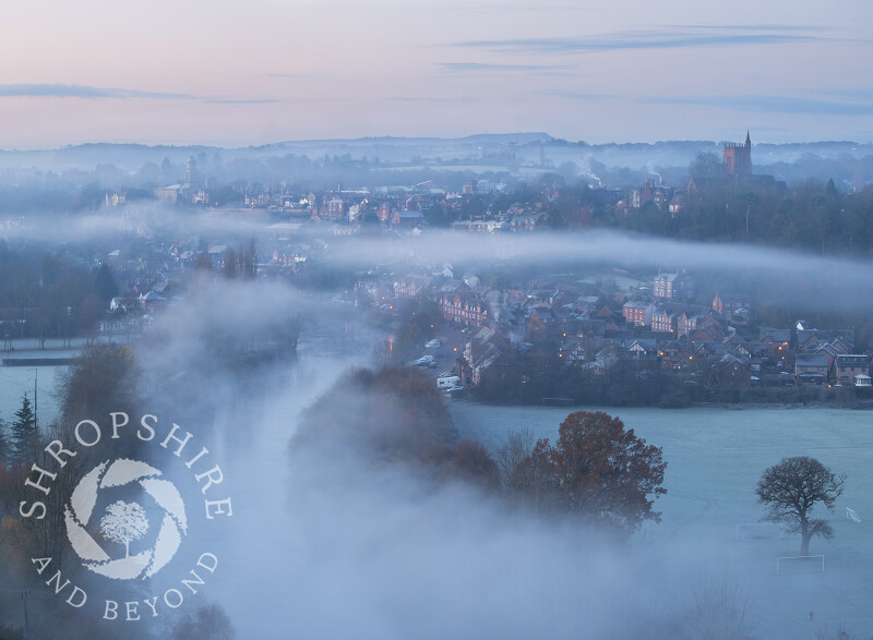 Mist over Bridgnorth at dawn, seen from High Rock, Shropshire.