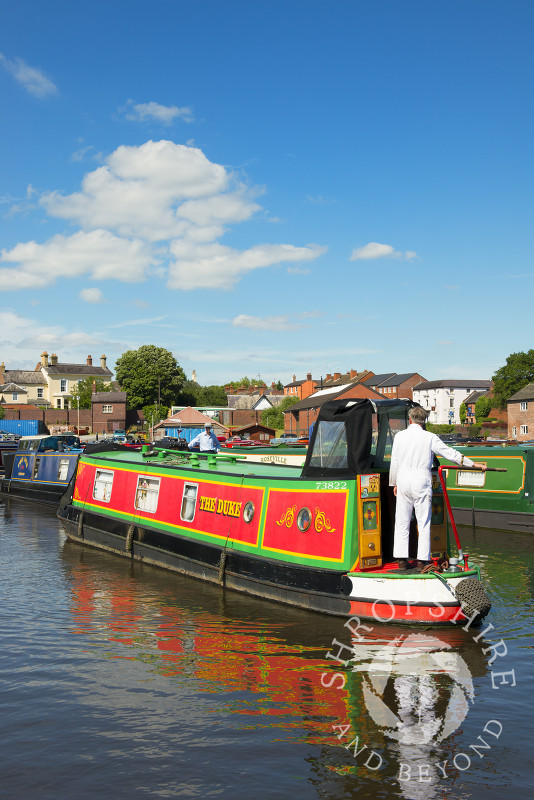 A narrowboat moors in the canal basin at Stourport-on-Severn, Worcestershire, England.