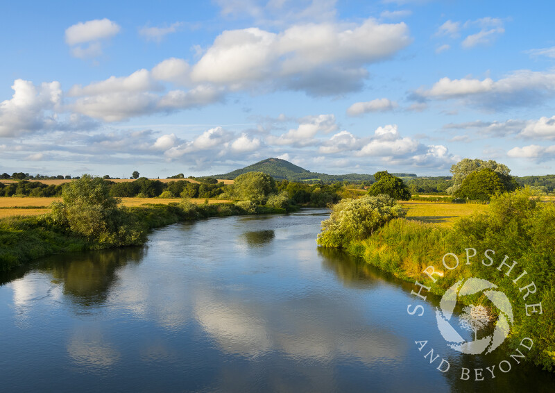 The Wrekin and River Severn seen from Cressage Bridge, Shropshire.
