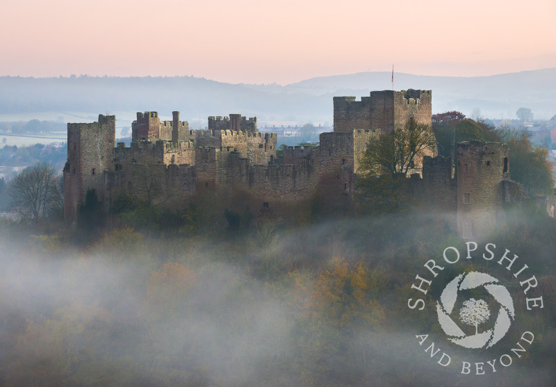 Autumn mist swirls around Ludlow Castle at dawn seen from Whitcliffe Common, Shropshire.