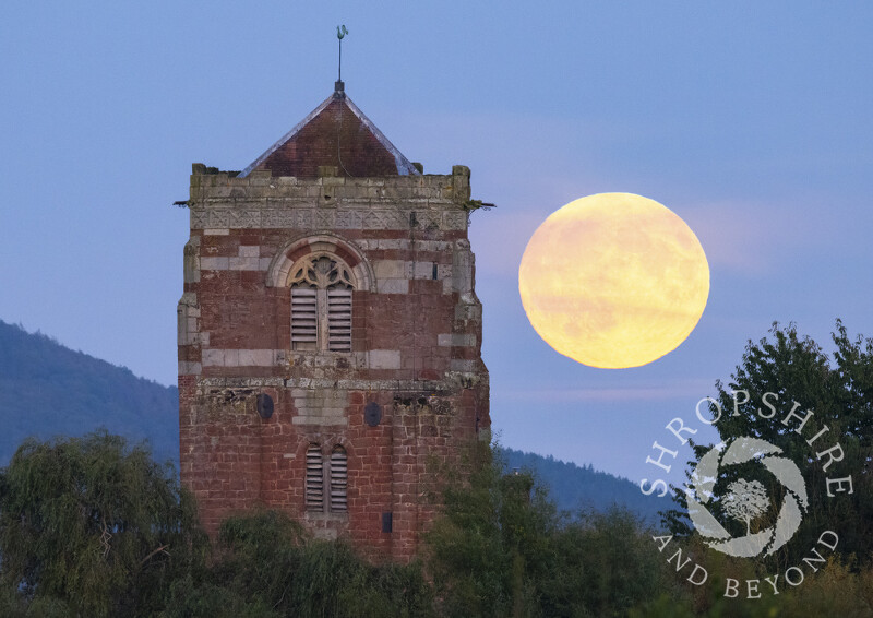 Harvest moon rises over St Eata's Church at Atcham, near Shrewsbury, Shropshire.