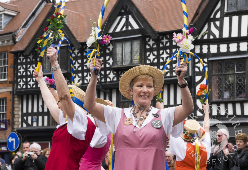 The Shrewsbury Lasses, part of Shrewsbury Morris, perform in the Square during the Big Busk, Shrewsbury, Shropshire, England.