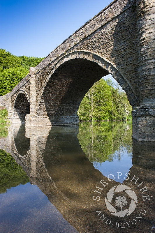 The arches of Dinham Bridge reflected in the River Teme at Ludlow, Shropshire.