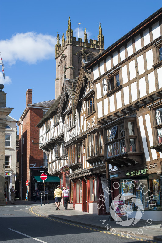 Half-timbered buildings and the tower of St Laurence's Church, Ludlow, Shropshire.