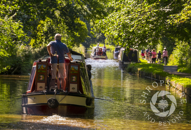 Canal boats on the Llangollen Canal at Ellesmere, north Shropshire.