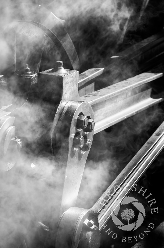 Close-up of a steam locomotive at Hampton Loade Station, Severn Valley Railway, Shropshire, England.