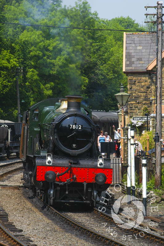 GWR 7800 class steam locomotive Bradley Manor pulls into Highley Station, Severn Valley Railway, Shropshire, England.