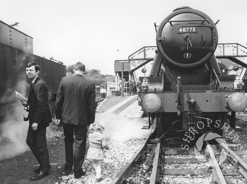 Steam locomotive LMS Stanier Class 8F 48773 at Bridgnorth Station on the Severn Valley Railway, Shropshire, 1968.