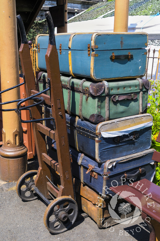 Luggage on the platform at Bridgnorth Station, Severn Valley Railway, Shropshire, England.