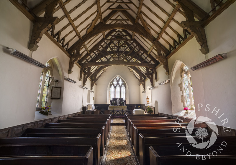 The interior of St Michael and All Angels Church, Smethcote, Shropshire.
