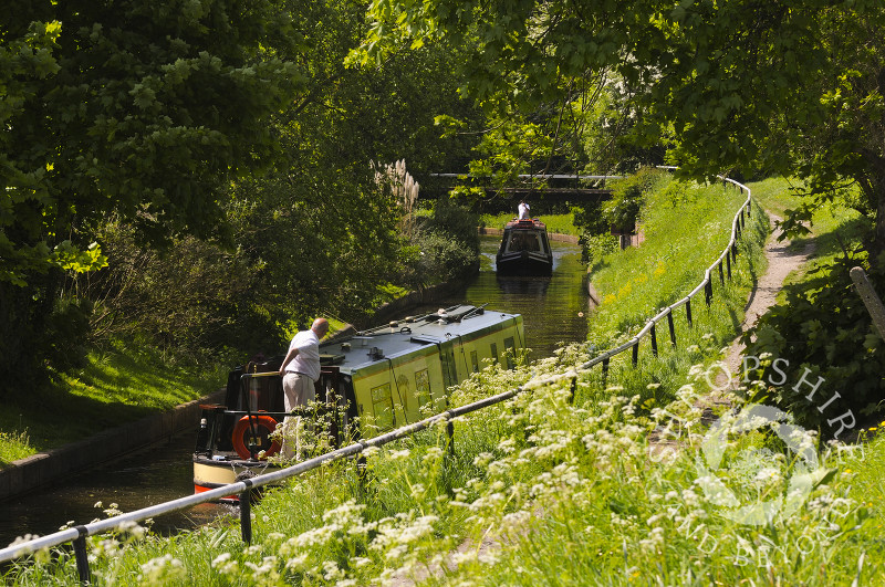 Narrowboats on the Llangollen Canal at Trevor, Powys, Wales.