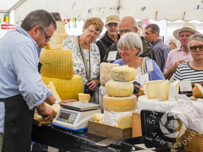 Visitors queue up for cheese at Ludlow Food Festival, Shropshire.